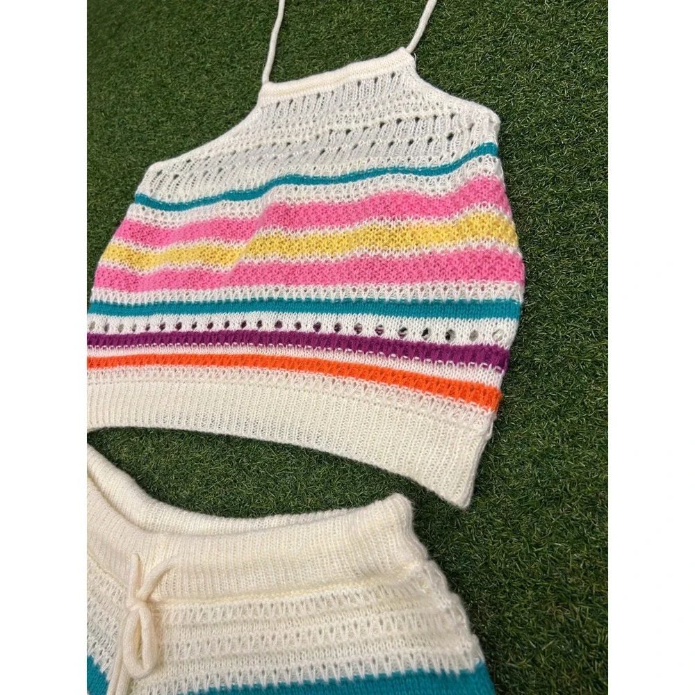 Boho Multi Color Striped Crochet Knit 2 Piece Set Halter Top and Shorts Large
